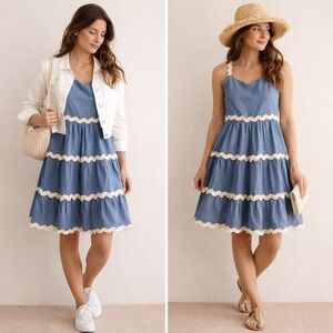 Blue Tiered Midi Dress with Cream Trim
01-0002